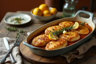 Escalopes de poulet dorées au four servies dans un plat ovale rustique sur une table en chêne, décorées de thym frais et de citron caramélisé pour un repas du dimanche