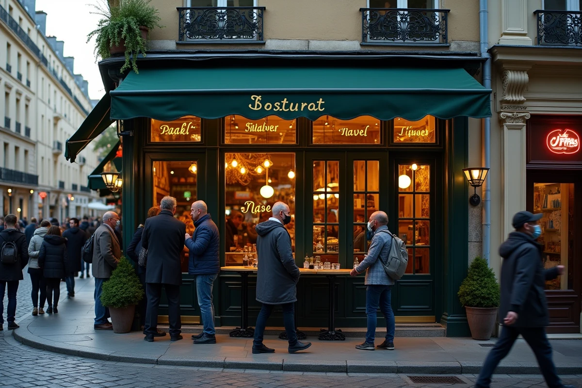 Façade d'un bistrot parisien en soirée avec file d'attente de clients sur le trottoir pavé
