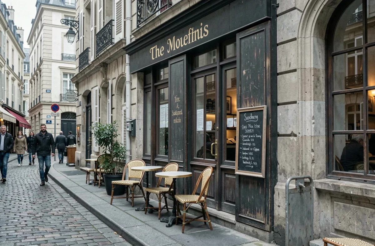 Façade extérieure du restaurant Le Cèdre sur la rue Mouffetard à Paris, terrasse en terrasse avec chaises en osier et pavés typiques du quartier