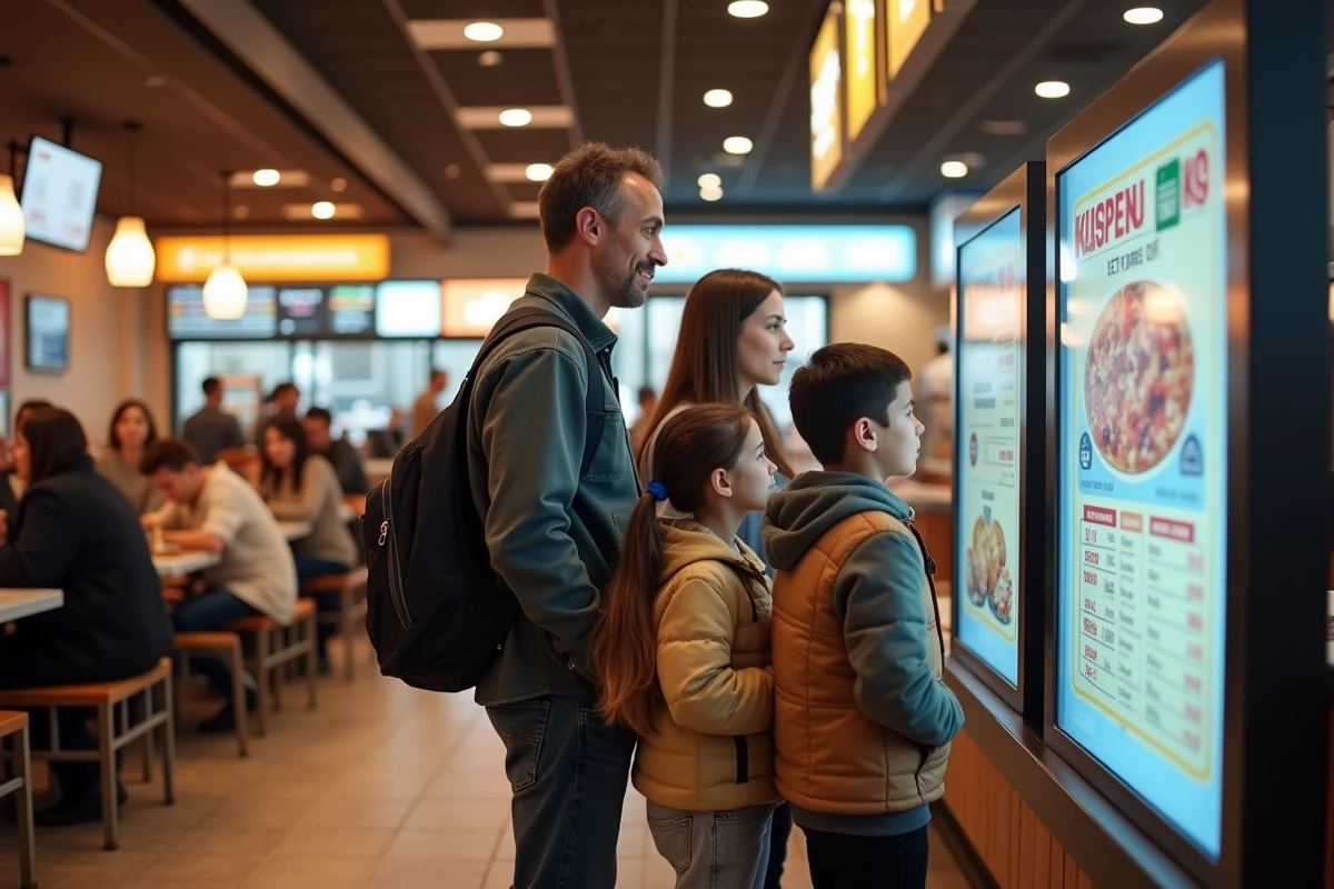 Famille de quatre commandant au kiosque dans un fast food animé