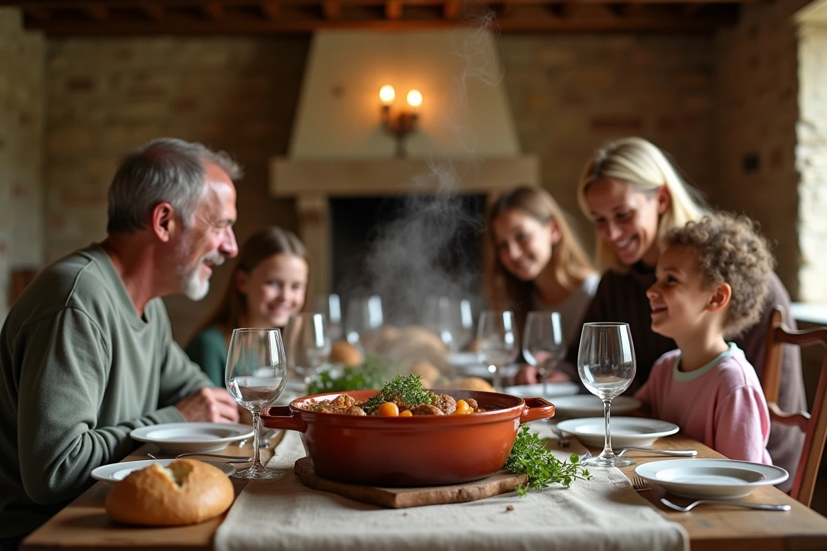 Famille autour d un cassoulet dans une salle à manger chaleureuse