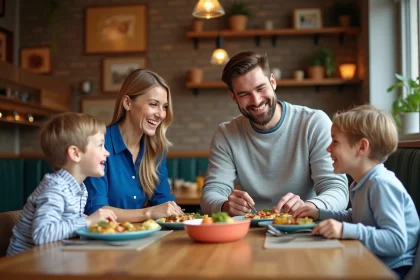 Famille souriante autour d'un repas convivial en intérieur