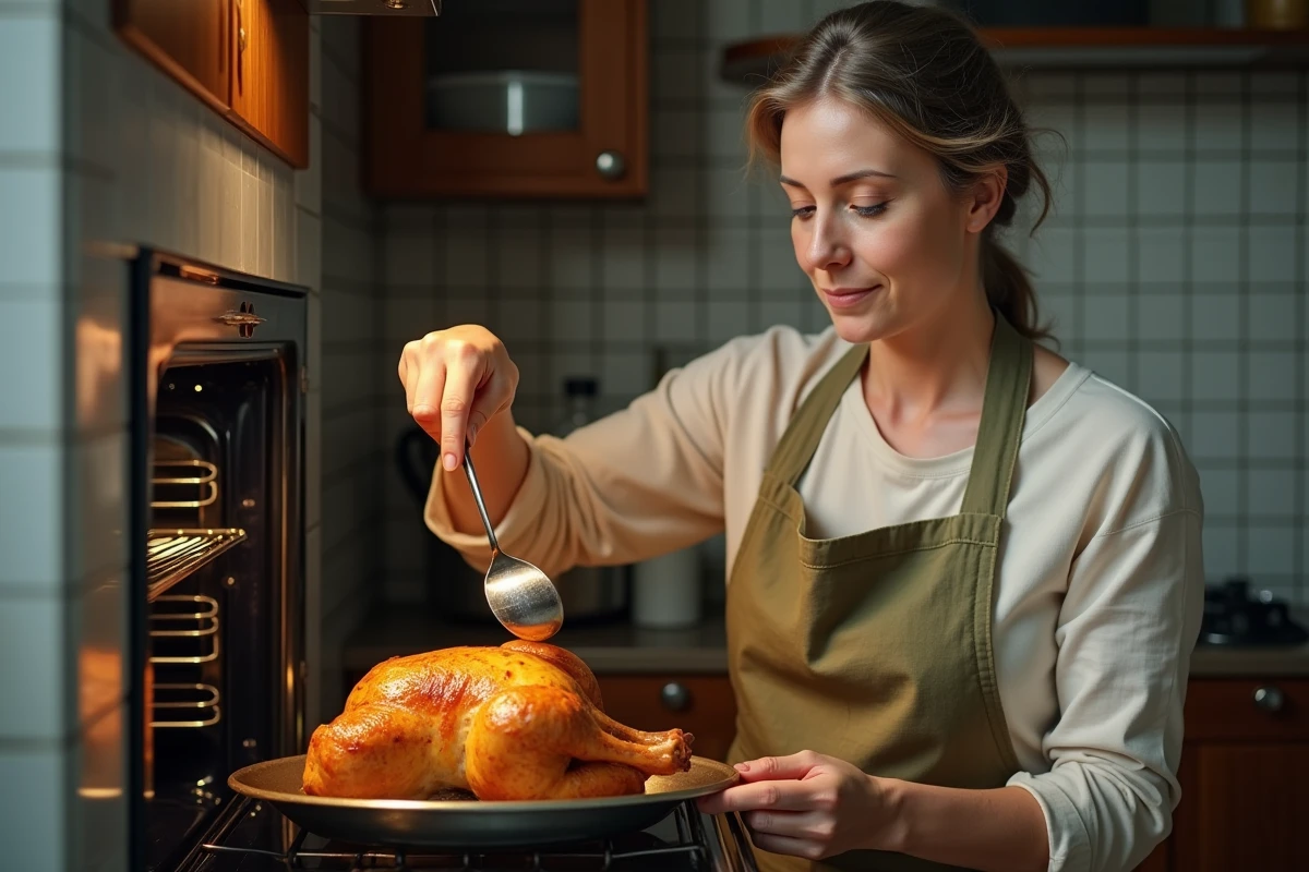 Femme arrosant un poulet entier dans le four avec une cuillère, portant un tablier en lin dans une cuisine familiale réaliste