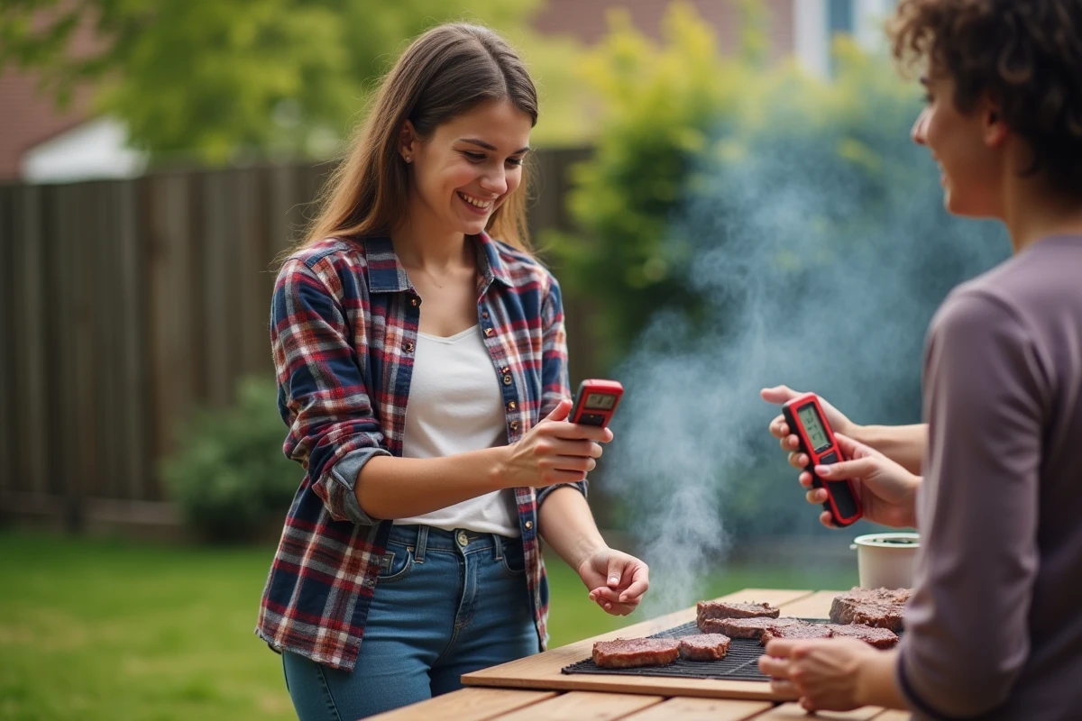 Jeune femme vérifiant la température de la viande au barbecue