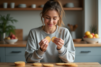 Femme comparant deux types de biscuits minceur à la maison