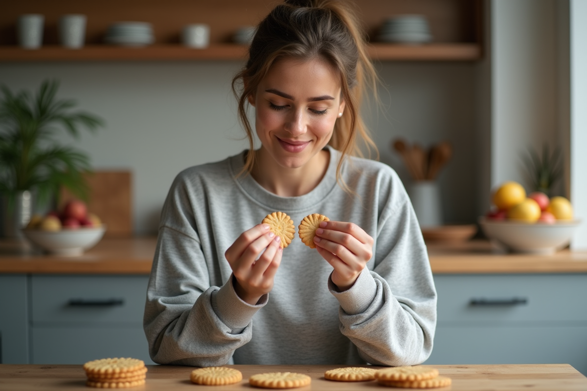 Femme comparant deux types de biscuits minceur à la maison