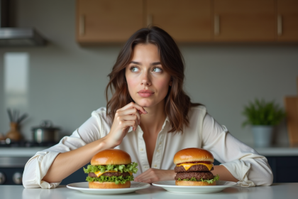 Jeune femme compare burger végétal et viande