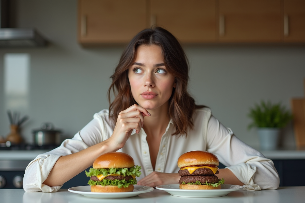 Jeune femme compare burger végétal et viande