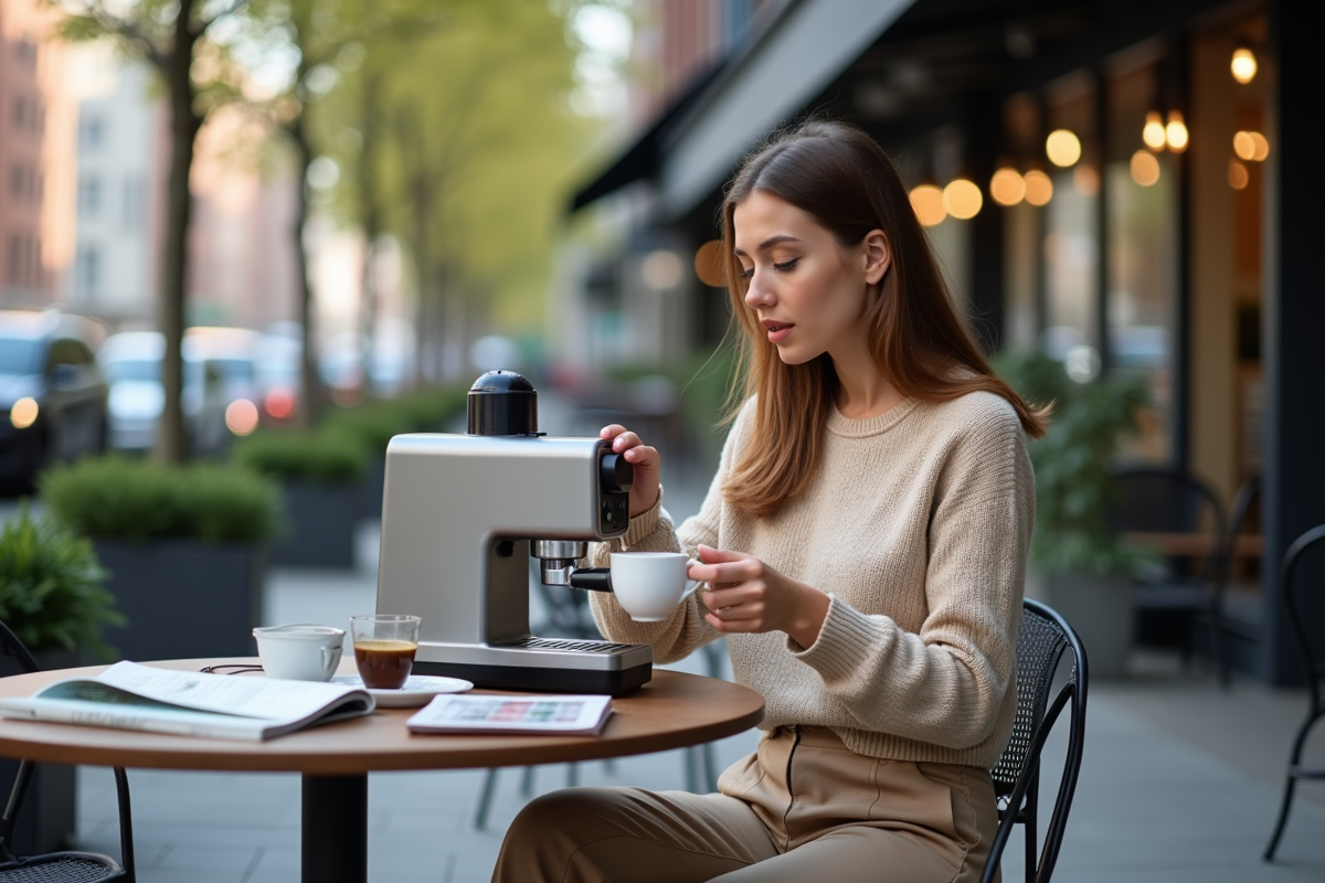 Femme versant du café dans un café urbain en extérieur
