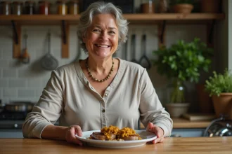 Femme souriante arrangeant un plat de filet mignon au four