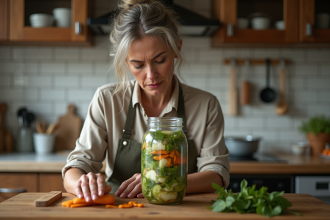 Femme en tablier observant un bocal de légumes fermentés