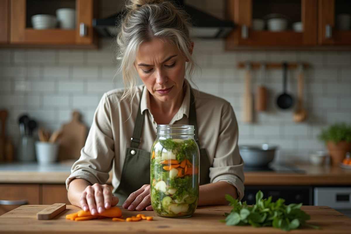 Femme en tablier observant un bocal de légumes fermentés