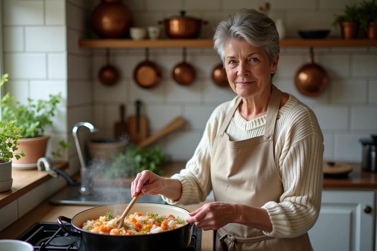 Femme cuisinant une choucroute aux poissons dans une cocotte en fonte émaillée sur une cuisinière, dans une cuisine de style alsacien avec carrelage blanc et casseroles en cuivre