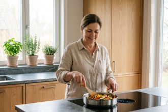 Femme d'âge moyen cuisinant dans une cuisine chaleureuse