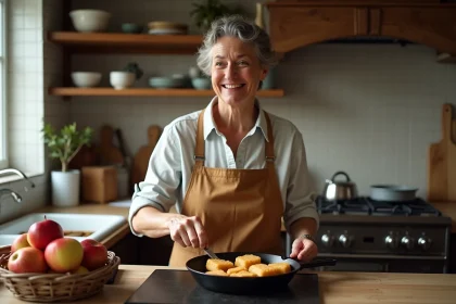 Femme d'âge moyen cuisinant des beignets de pommes dorés