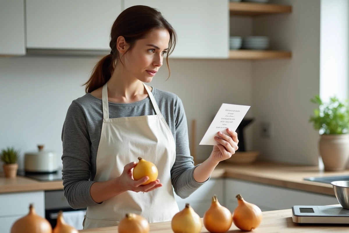 Femme tenant un oignon dans une cuisine moderne avec une balance et une recette manuscrite sur le plan de travail
