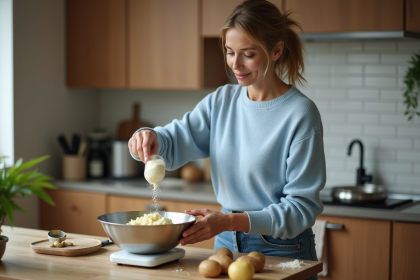 Femme en cuisine préparant de la purée instantanée