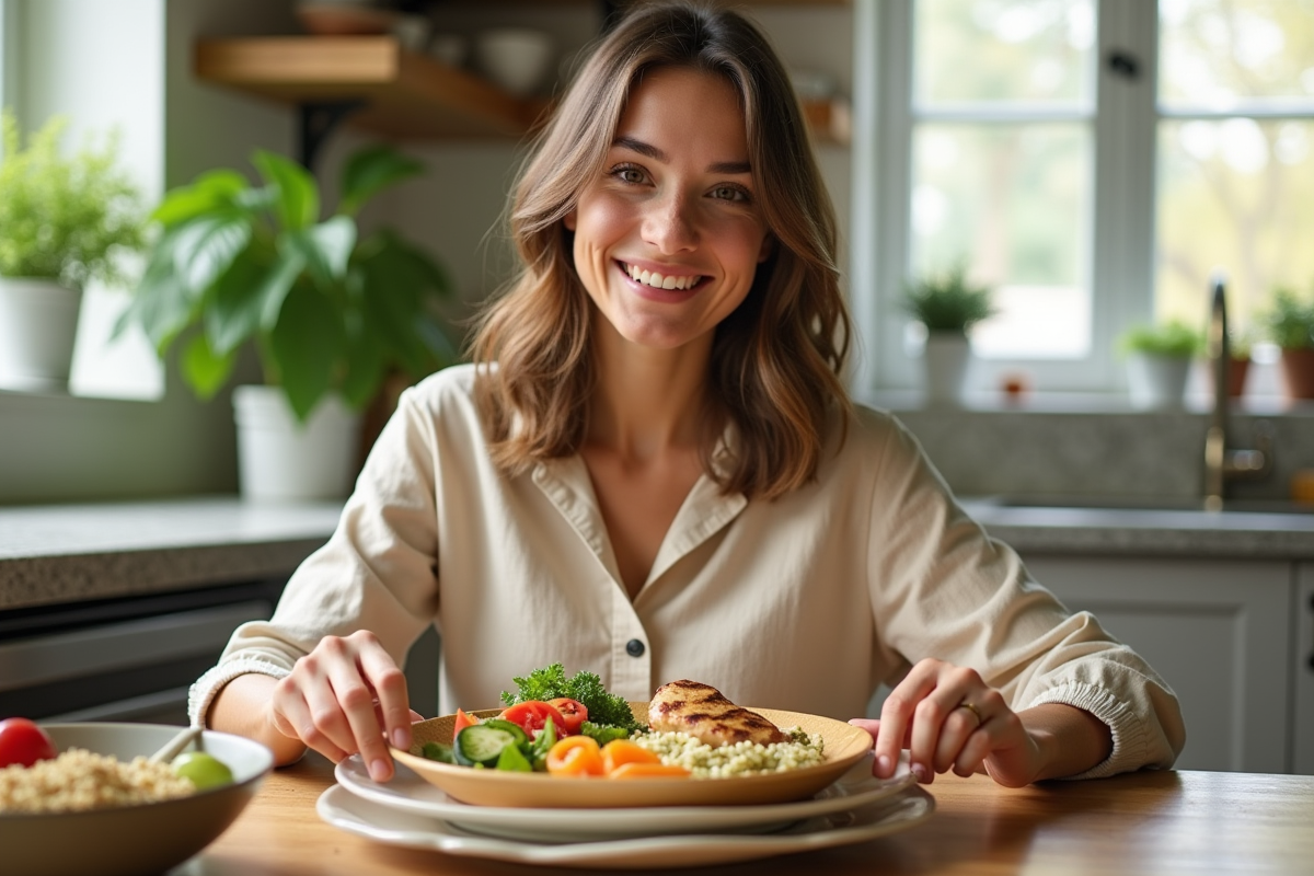 Jeune femme préparant un repas sain dans une cuisine lumineuse