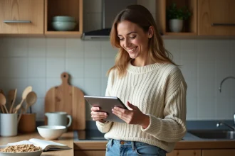 Femme souriante utilisant une tablette en cuisine moderne