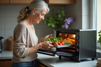 Femme en cuisine moderne plaçant des légumes dans un four vapeur