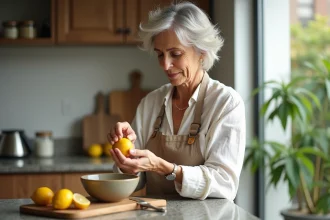 Femme en cuisine zestant un citron avec concentration