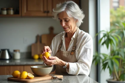 Femme en cuisine zestant un citron avec concentration