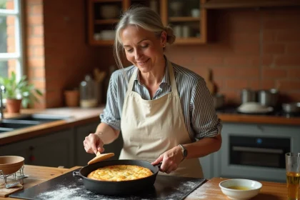 Femme cuisinant des pains à la poêle dans une poêle en fonte sur une cuisinière rustique