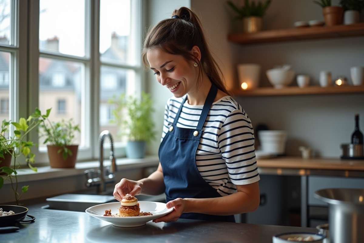 Jeune femme préparant un dessert dans une cuisine lumineuse