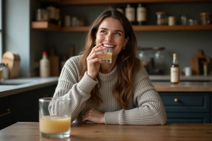 Femme dégustant un Irish whisky dans une cuisine chaleureuse