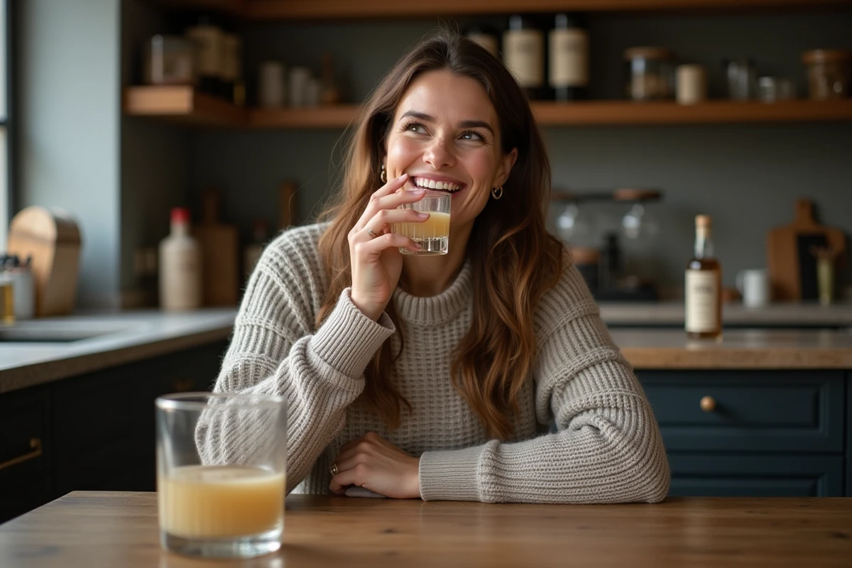 Femme dégustant un Irish whisky dans une cuisine chaleureuse