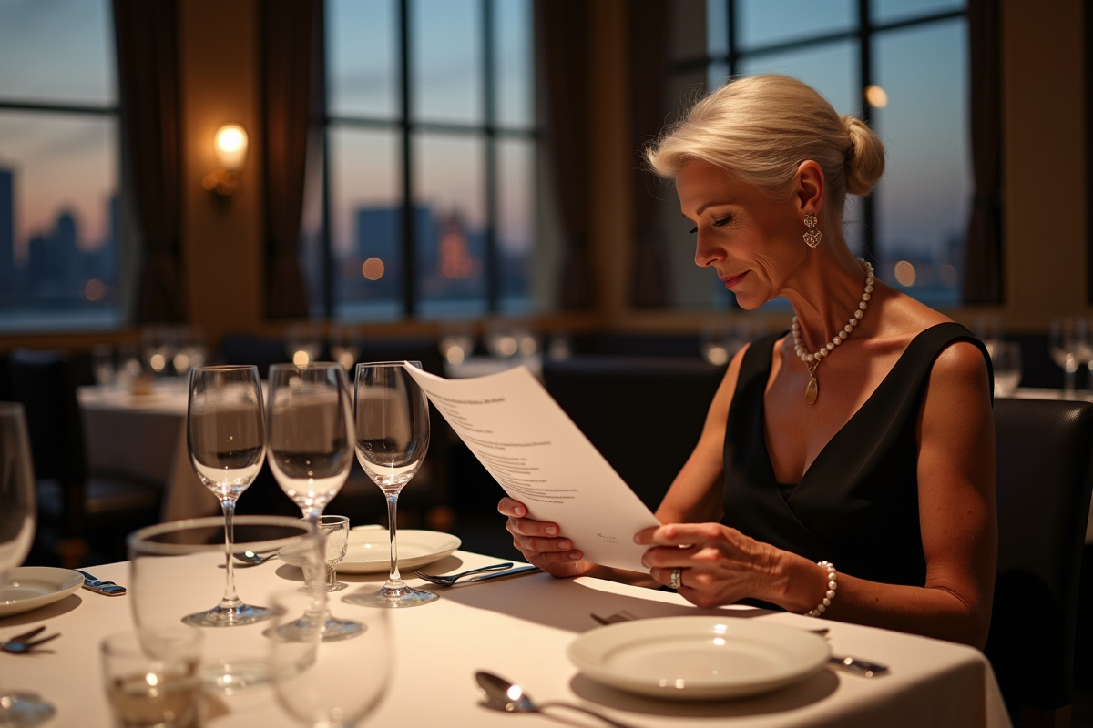 Femme élégante lisant un menu dans un restaurant chic en soirée