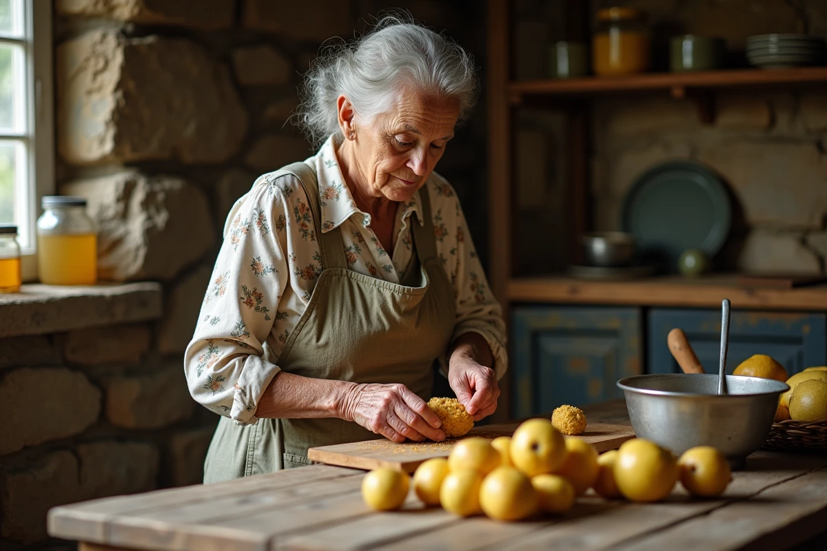 Femme âgée en cuisine rustique préparant des quinces
