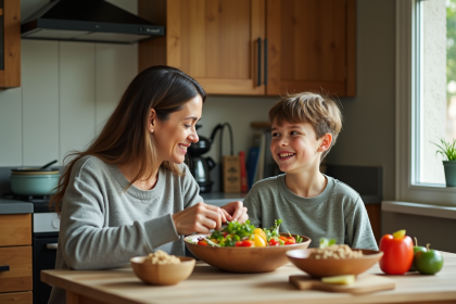 Femme et adolescent partageant une salade dans la cuisine