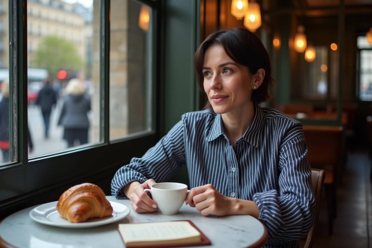 Femme dégustant un expresso en terrasse au Café du Châtelet avec vue sur le quartier des Halles à Paris