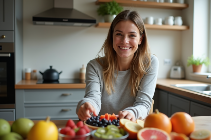 Femme souriante avec fruits frais dans une cuisine moderne