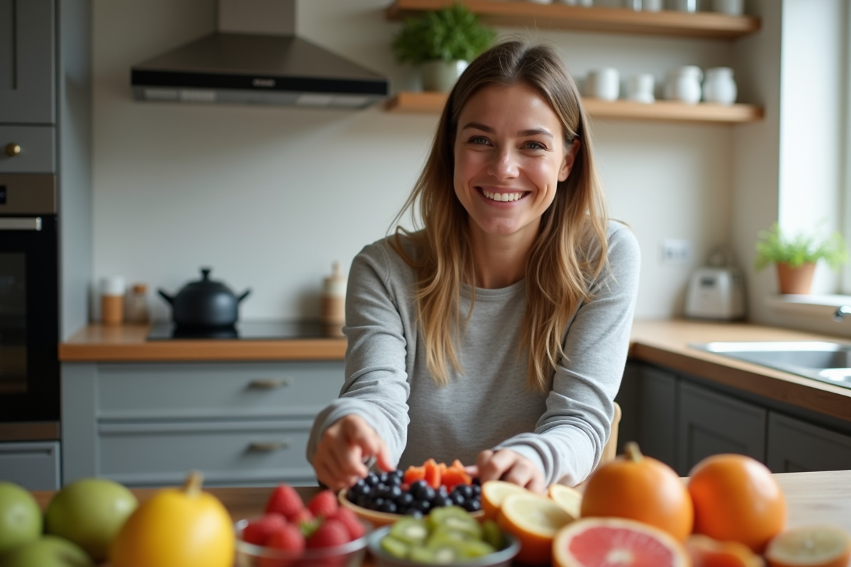 Femme souriante avec fruits frais dans une cuisine moderne
