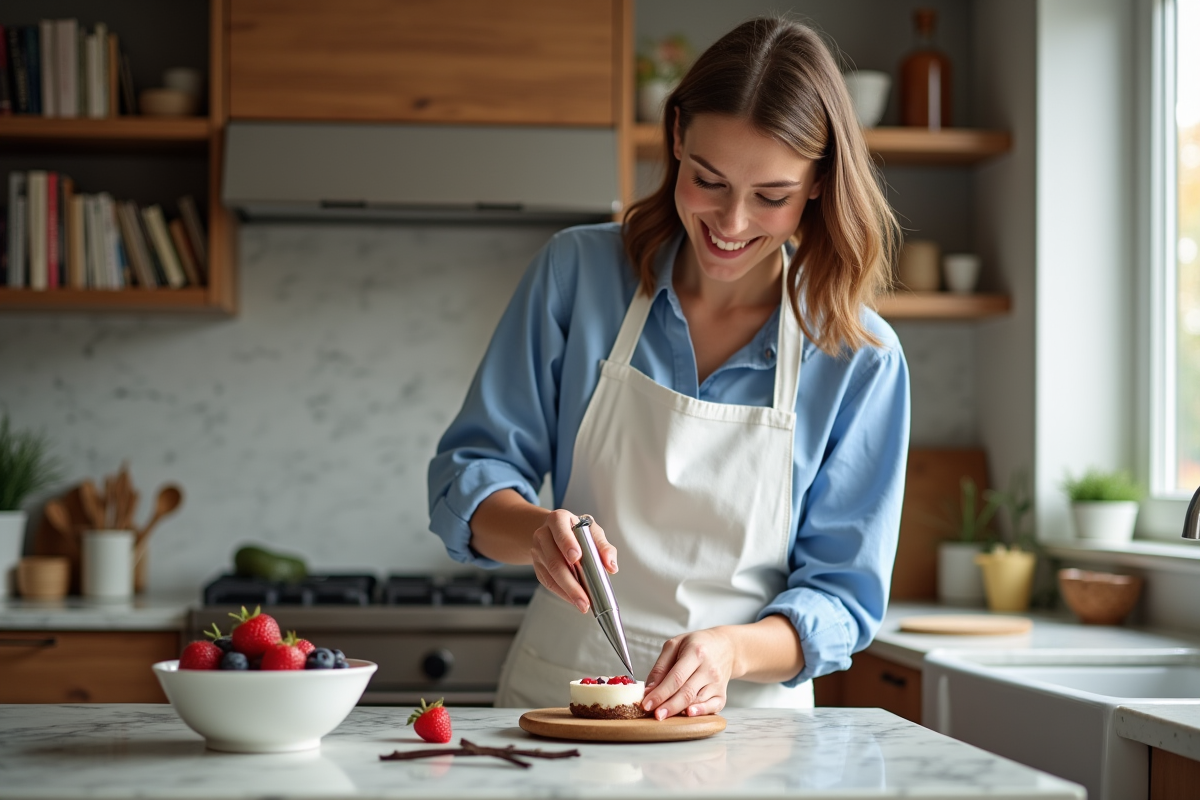 Femme souriante en cuisine garnissant un dessert avec un siphon