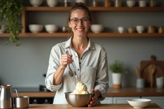 Femme souriante servant glace vanille maison dans la cuisine