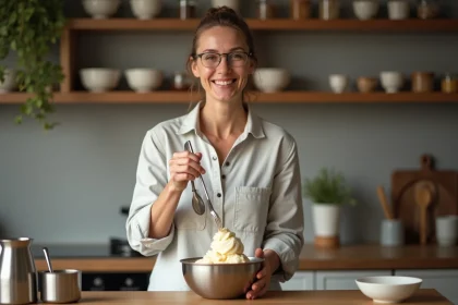Femme souriante servant glace vanille maison dans la cuisine