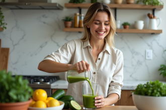 Femme préparant un jus detox vert dans une cuisine lumineuse
