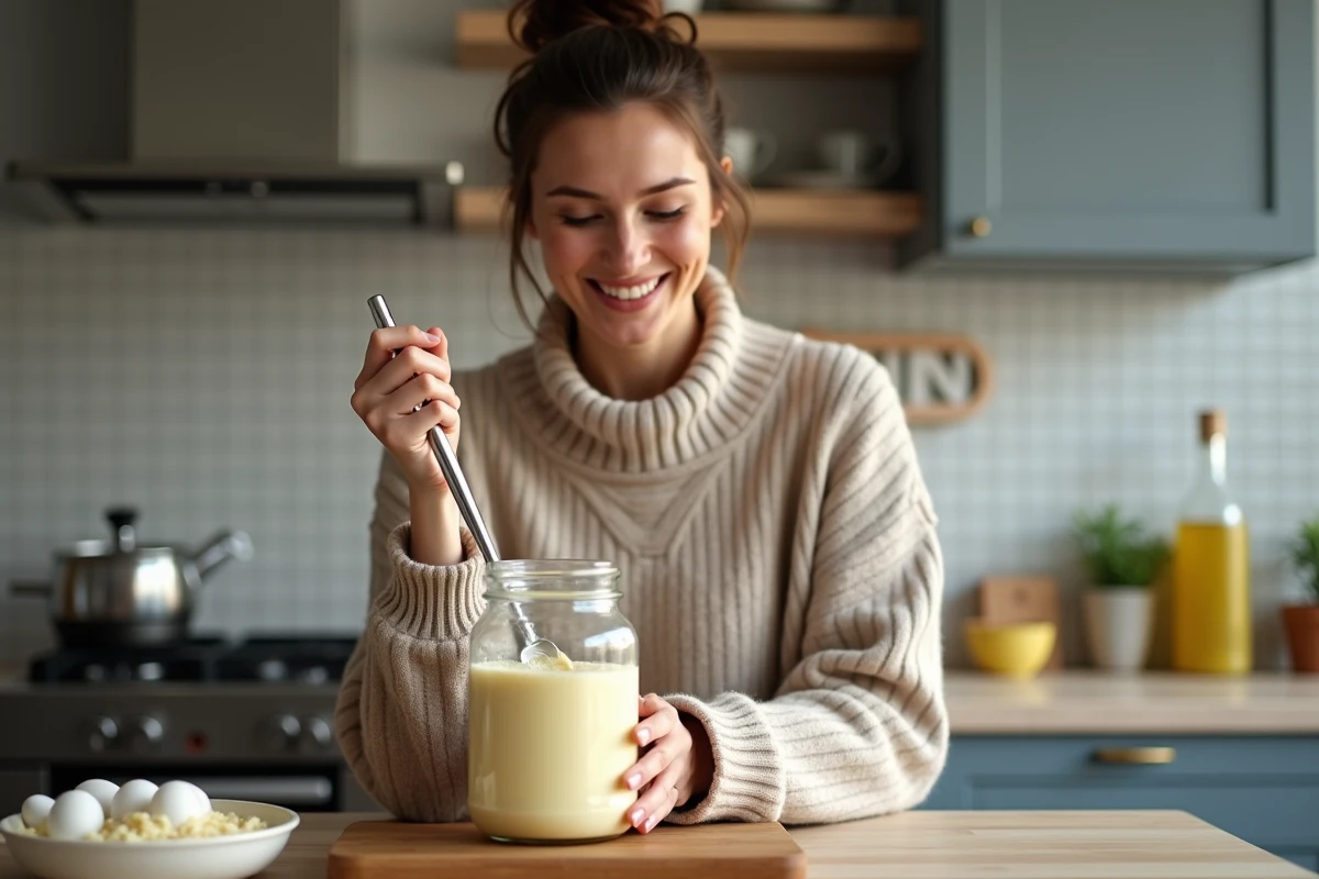 Femme souriante préparant mayonnaise maison dans la cuisine