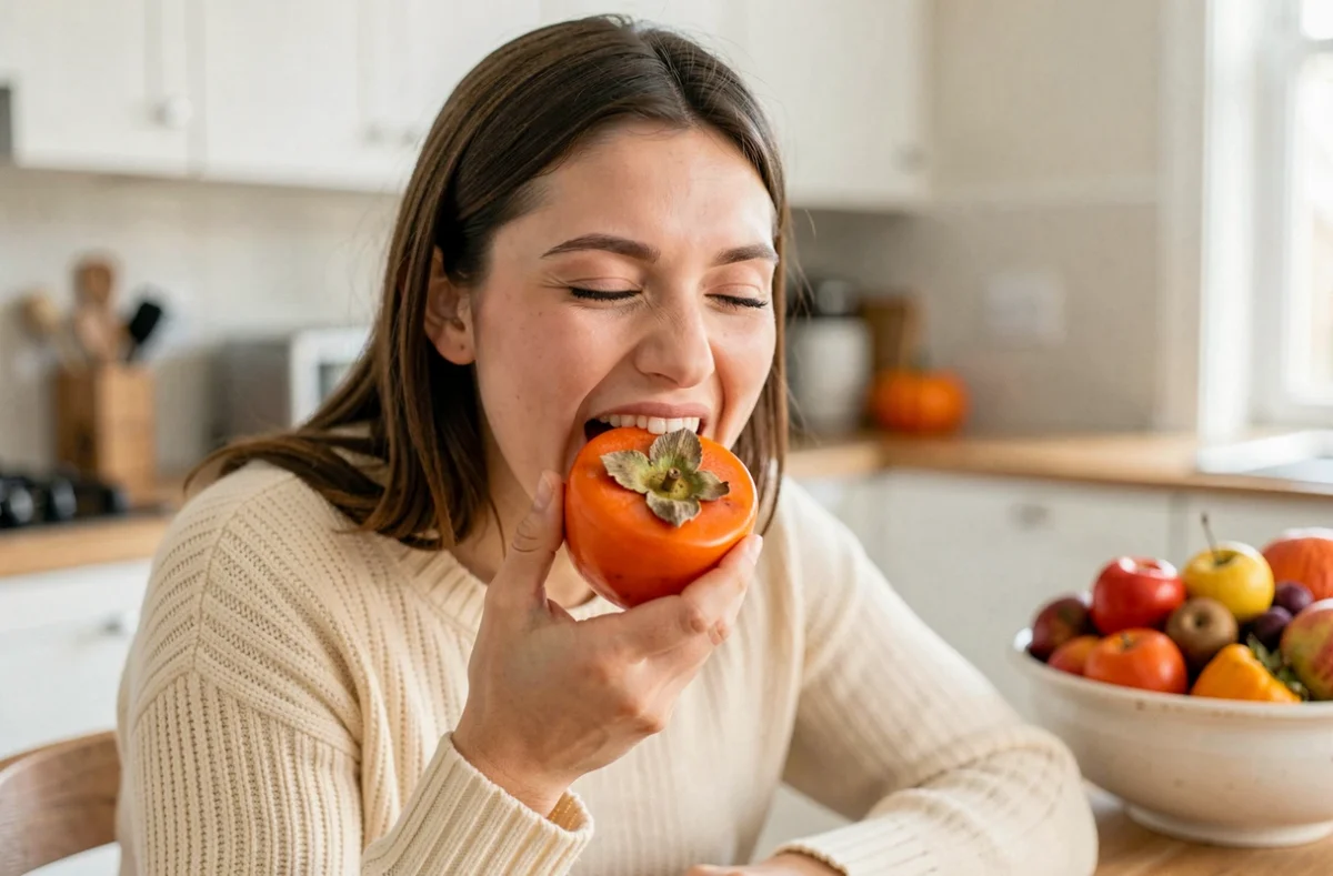 Femme qui mange un kaki entier avec la peau dans une cuisine moderne