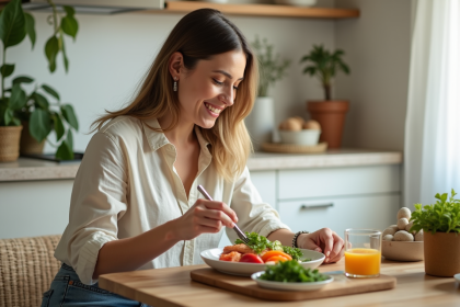 Femme souriante choisissant légumes et saumon dans une cuisine lumineuse