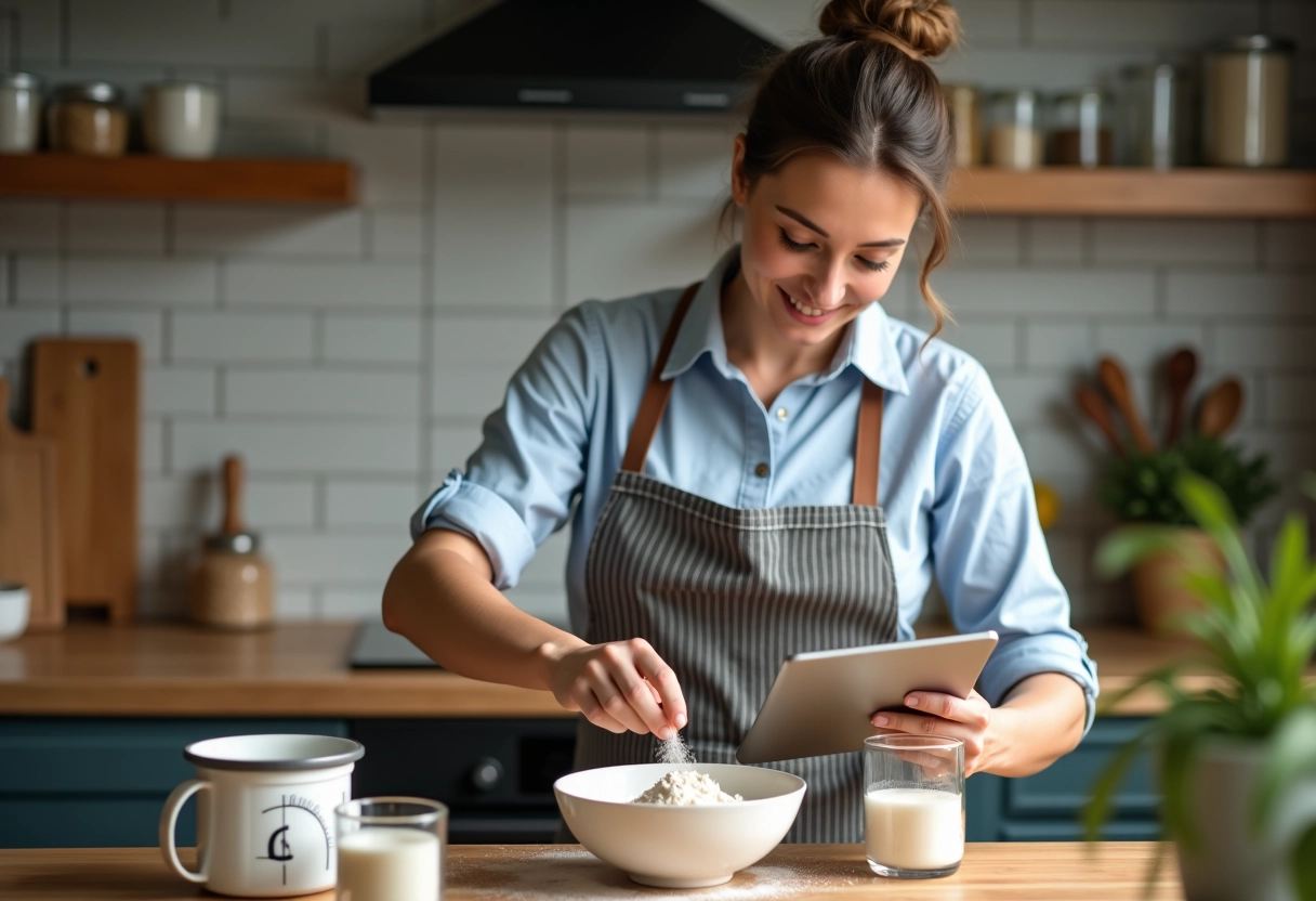 Jeune femme en cuisine mesure de la farine avec un tableau de conversion