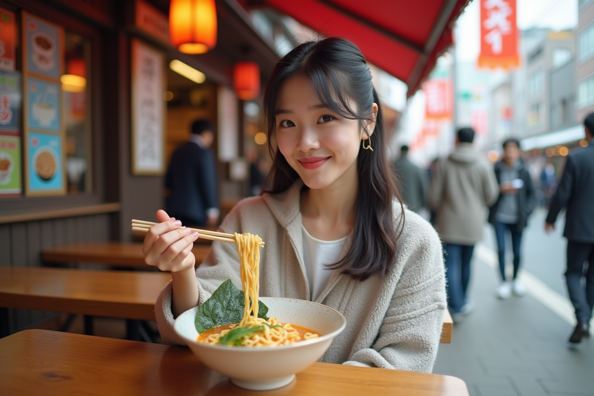 Jeune femme japonaise dégustant un ramen en plein air dans la rue