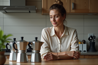 Femme examinant des moka pots dans une cuisine moderne
