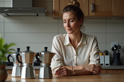 Femme examinant des moka pots dans une cuisine moderne