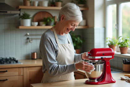 Femme souriante nettoie un mixeur rouge dans la cuisine