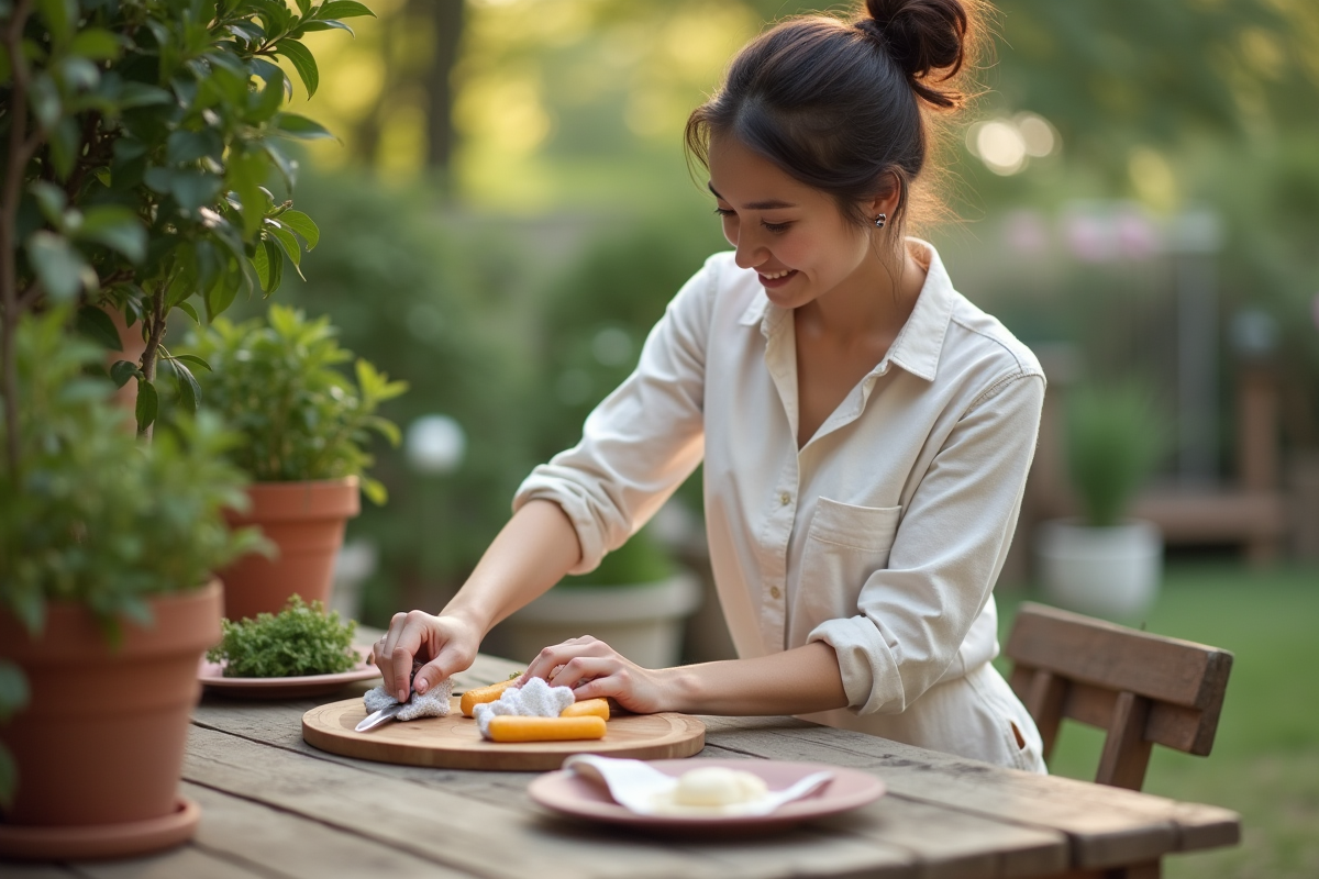 Jeune femme nettoyant un couteau dans un jardin