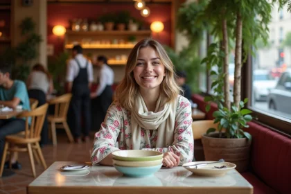 Jeune femme souriante dans un restaurant parisien chaleureux